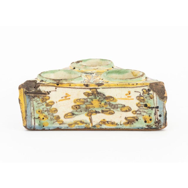 Spanish Ceramic Spice Container, 18th century or earlier, triangular form with three bowls for spices or salt, decorated...