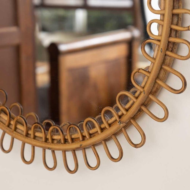 Wood 1960s Italian Rattan Circular Loop Mirror For Sale - Image 7 of 9