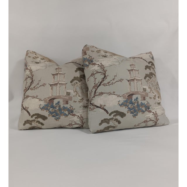 Chinoiserie Asian Style linen fabric 22" x 22" Pillows 2 available - Sold individually Turkish Corners Down Filled...