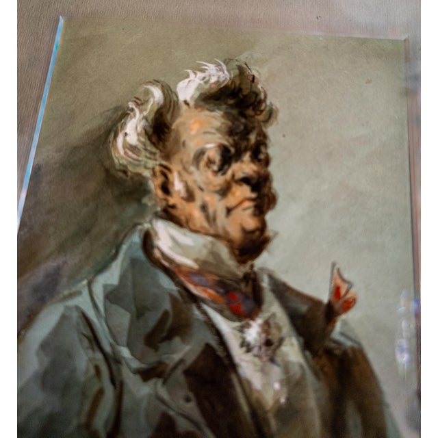 Blue 19th Century French Watercolor Portrait of a Society Gentleman by Alexandre Dupendant For Sale - Image 8 of 11