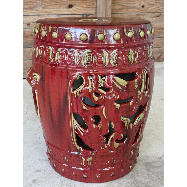 Mid 20th Century Vintage Oxblood Red Chinese Ceramic Glazed Garden Stool With Pierced Detailing For Sale - Image 5 of 12