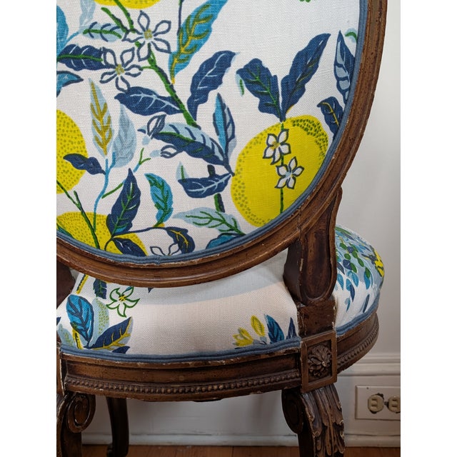 Wood Vintage French Side Chair Freshly Upholstered in Schumacher Citrus Garden in Pool For Sale - Image 7 of 9