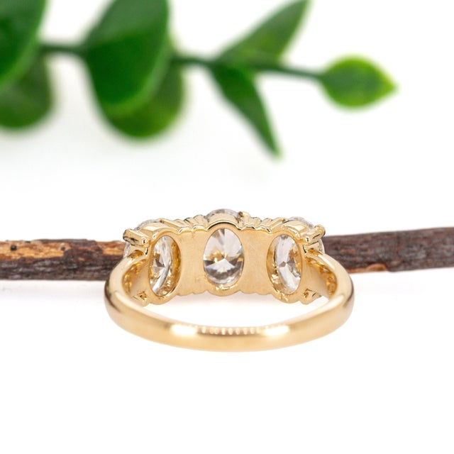 Three Lab-Created Diamond Ring in Solid 14k Yellow Gold | Oval Shape 7x5mm, Size 6.75 For Sale In Columbus - Image 6 of 7