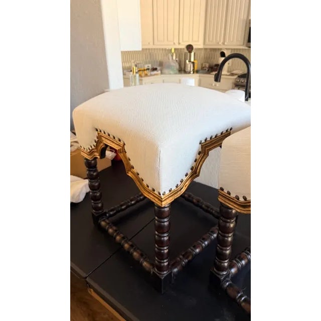 1900 - 1909 A Pair of Antique White Foot Stools With Gold Accent For Sale - Image 5 of 15