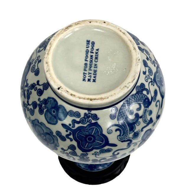 Chinoiserie Chinoiserie Blue White Porcelain Vase on Wooden Base For Sale - Image 3 of 6