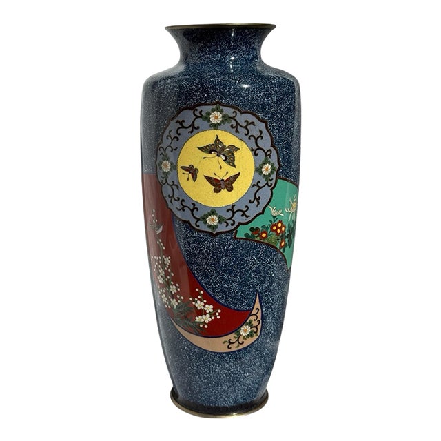 20th Century Japanese Cloisonne Enamel Vase Speckled Blue Ground Butterflies Floral Motifs For Sale