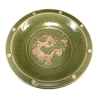 Antique Chinese Celadon Relief Dragon Charger Plate, Collectible Antique For Sale