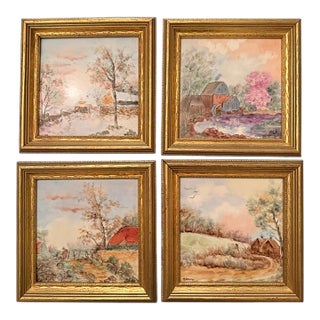 Vintage Hand Painted Porcelain Tiles by M Singer - Set of 4 For Sale