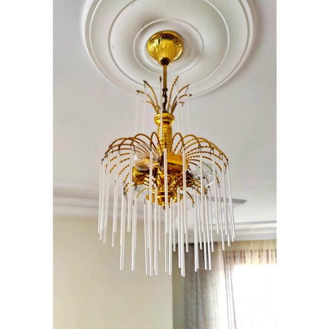 1960s Vintage Brass Chandelier Milk Glass Rods Ceiling Light For Sale - Image 5 of 14