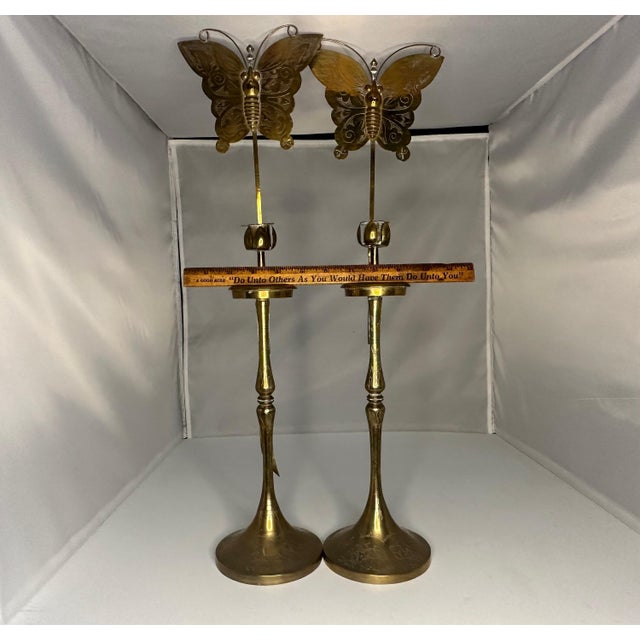 Antique Brass Butterfly Candlestick Holders: Oriental Floral Etched Decor For Sale - Image 10 of 10
