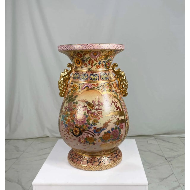 Vintage Chinoiserie Japanese Satsuma Ceramic Hand Painted Vase For Sale - Image 12 of 13