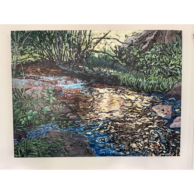 The Rhythm of Light by Deb Komitor | Oil Painting of a stream with light reflecting on water For Sale