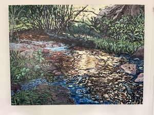 The Rhythm of Light by Deb Komitor | Oil Painting of a stream with light reflecting on water