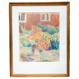 Mid-Century Modern Colorful New England Garden Abstract Oil Pastel, Signed For Sale