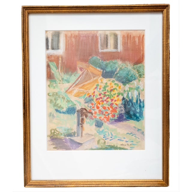 Mid-Century Modern Colorful New England Garden Abstract Oil Pastel, Signed For Sale