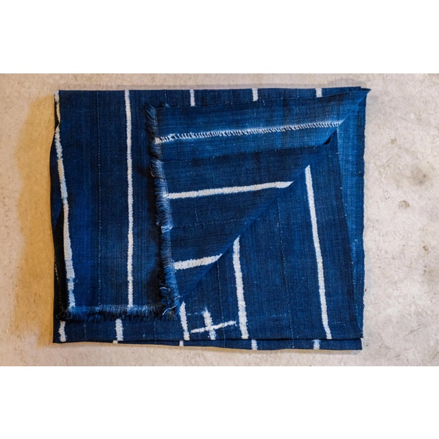 Textile Boho Chic Hand Dyed Blue Throw With White Stripes For Sale - Image 7 of 8