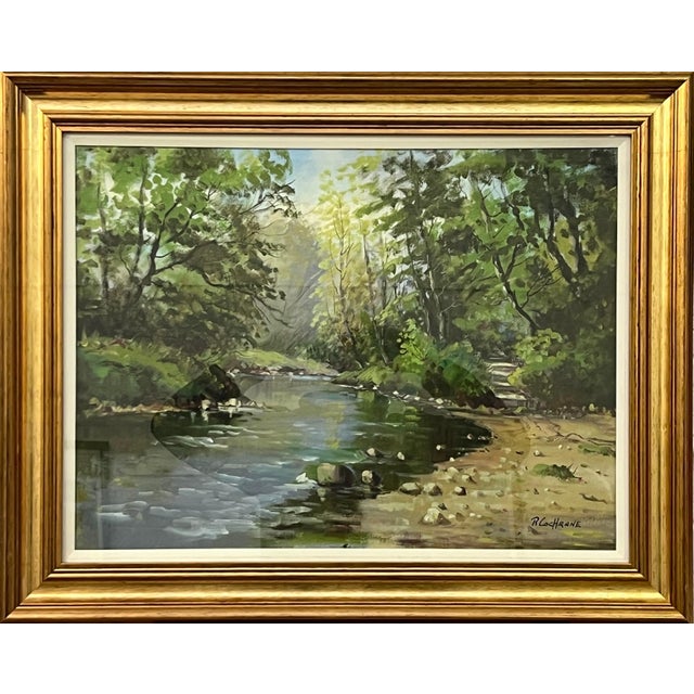 Vintage Post-Impressionist Painting of Tree-Lined River in the Irish Countryside 1980 Circa For Sale