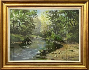 Vintage Post-Impressionist Painting of Tree-Lined River in the Irish Countryside 1980 Circa