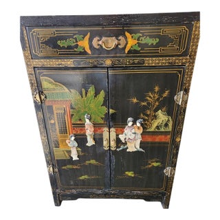 1950s Chinoiserie Black Lacquer Mop Chinese Cabinet Hand Painted For Sale