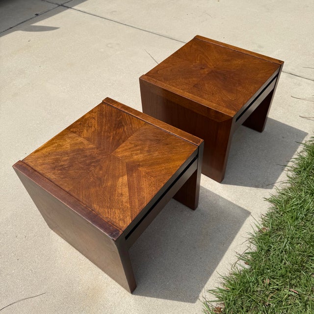 Brown 1970s Lane Altavista Solid Walnut Checkered Small Side Tables: A Pair For Sale - Image 8 of 11