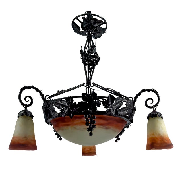 Art Deco Chandelier in Wrought Iron and Blown Glass from Muller Frères Lunéville, France, 1920s For Sale