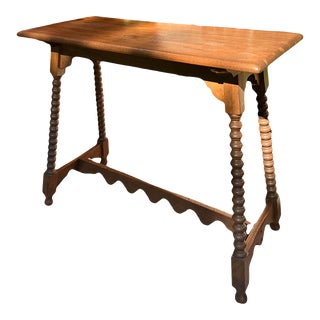 Antique Folk Style Spanish Trestle Wooden Table With Bobbin Turned Legs and Scalloped Bottom For Sale