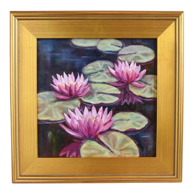 Pink & Lavender Water Lilies Oil Painting Displayed in an Antiqued Gold Wood Frame For Sale