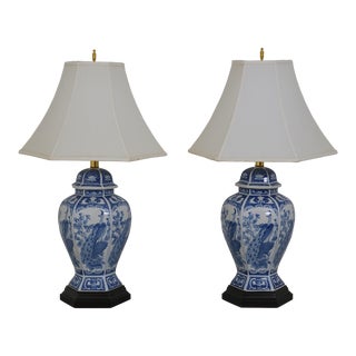 Pair Blue & White Chinese Decorated Table Lamps For Sale