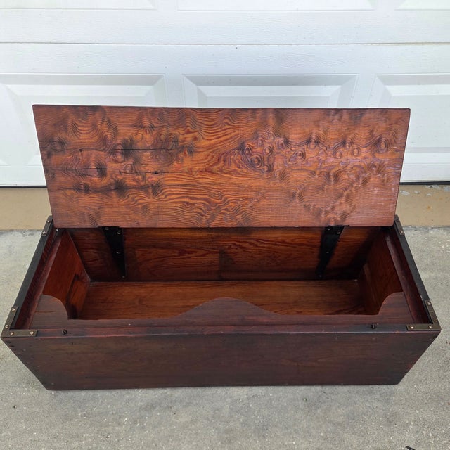 Late 19th Century Antique Old-Growth Curly Pine Blanket Chest W/ Hand-Forged Iron Strap Hinges, C. 1880 For Sale - Image 5 of 10