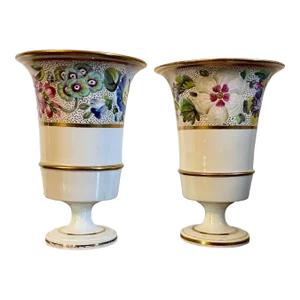 Antique Early 19th Century English Regency Spode Botanical Trumpet Mantel Vases Circa 1810 - a Pair