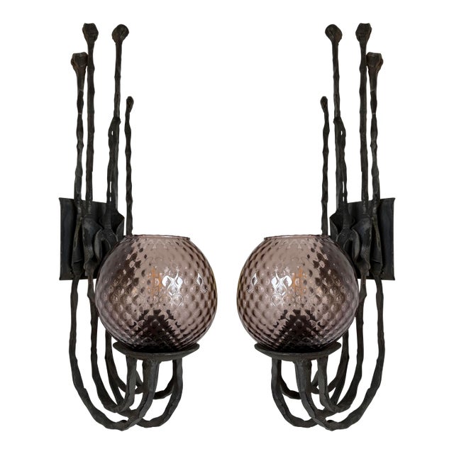 Pair of Wrought Iron and Glass Sconces by Pozzebon. Italy, 1970s For Sale