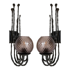 Pair of Wrought Iron and Glass Sconces by Pozzebon. Italy, 1970s