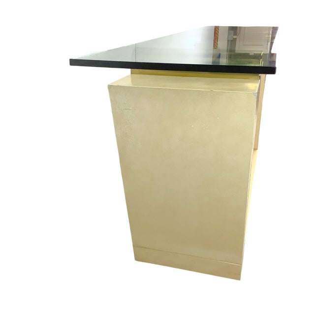 Vintage Modern Parchment-Style Console Table With Glass Top and Brass Accents For Sale - Image 10 of 18