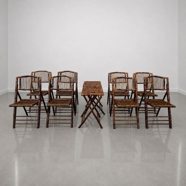1980s Rustic Tortoiseshell Bamboo Folding Chairs With Side Tables - Set of 8 For Sale - Image 12 of 12