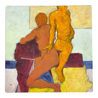 Abstract Oil on Masonite Painting of Two Male Nudes by Jon Hall 2010 For Sale