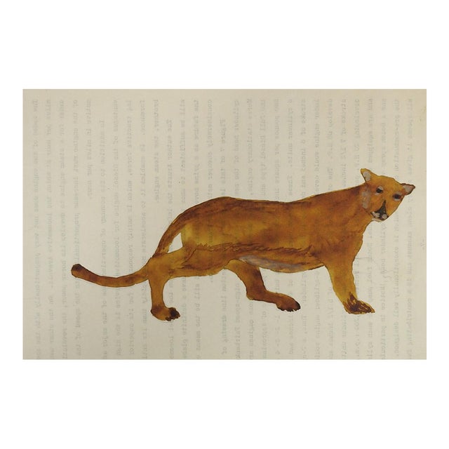 1940s Outsider Folk Art Mountain Lion Cougar Watercolor Painting For Sale