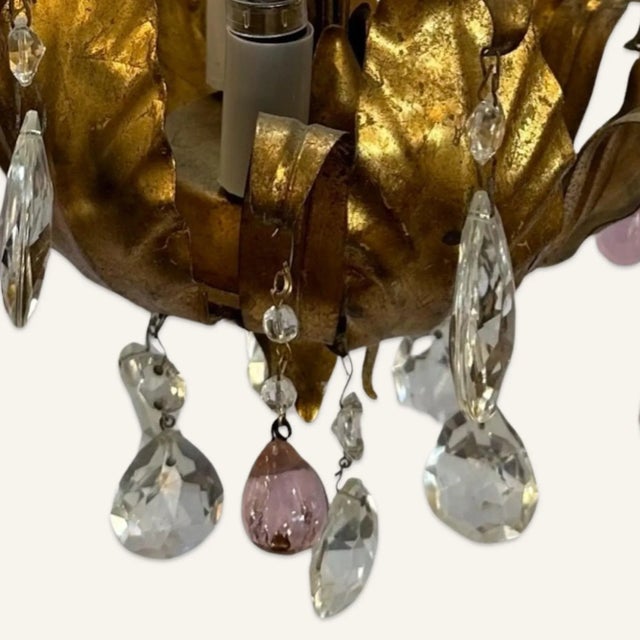 1940s Small 3 Bulb Venetian Crystal and Gilt Bronze Leaf Motif Chandelier For Sale - Image 6 of 6