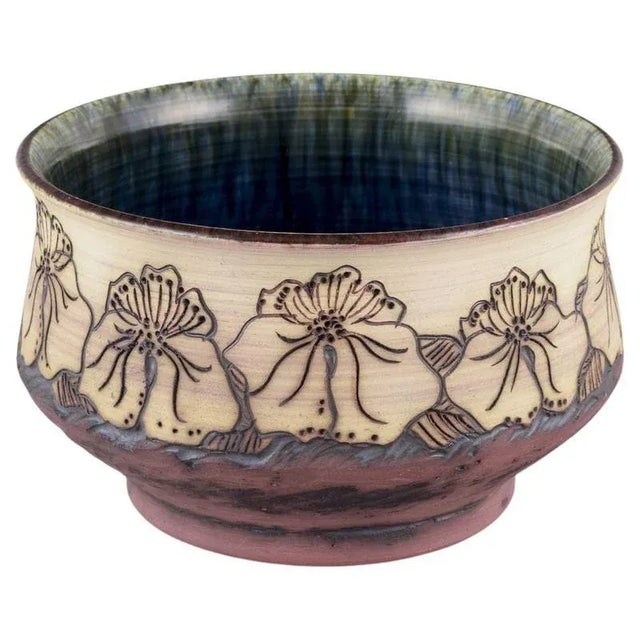 Ceramic Scandinavian Handmade Ceramic Earthenware Bowl with Incised Floral Decoration For Sale - Image 7 of 7