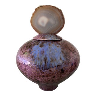 1980s Mark Hines Raku Lidded Pottery Vessel For Sale