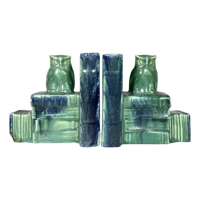 Early 20th Century Art Pottery Owl Bookends, Flambe Glaze, German Arts & Crafts For Sale