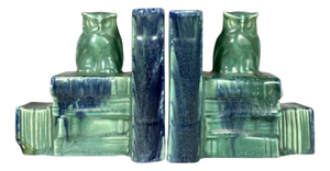 Early 20th Century Art Pottery Owl Bookends, Flambe Glaze, German Arts & Crafts