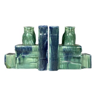 Reserved for Karen Early 20th Century Art Pottery Owl Bookends, Flambe Glaze, German Arts & Crafts For Sale