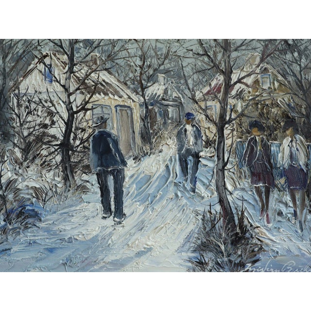 White Mid-Century Modern 'Winter Lane' Vintage Swedish Expressive Village Street Scene Oil Painting, Framed For Sale - Image 8 of 11