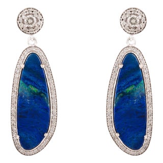 Modern Fire Opal & Diamond Halo Drop Earrings in 14k White Gold- 2 Pieces For Sale