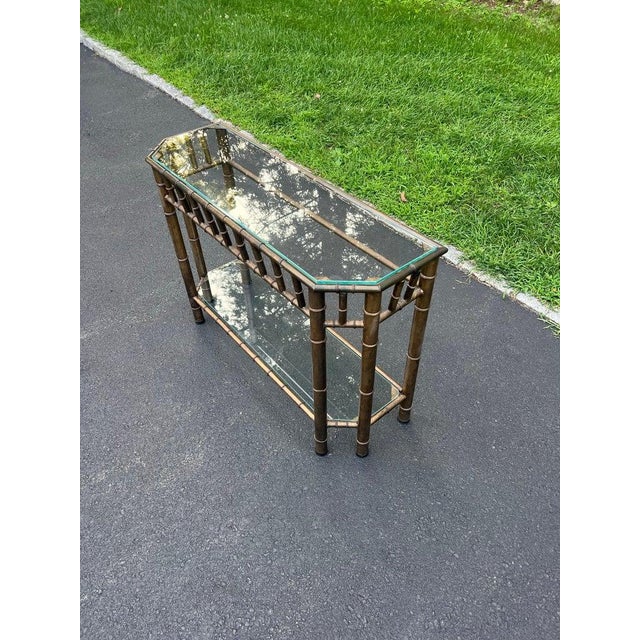 Metal Faux Bamboo Bronze Metal and Glass Sofa Table For Sale - Image 7 of 18