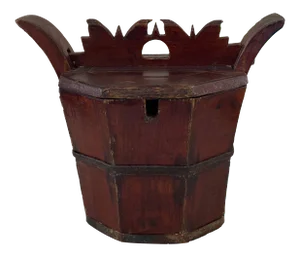 Antique Chinoiserie Wood Rice Grain Bucket With Locking Handle