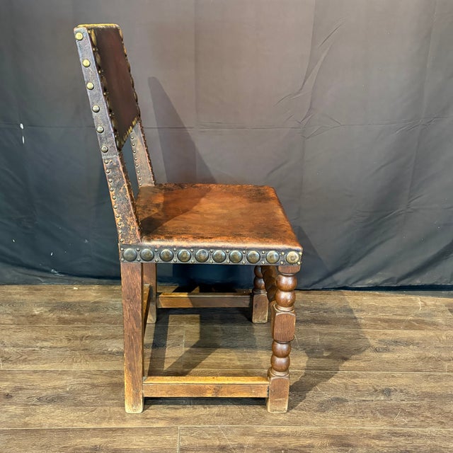 Wood French Antique Leather and Nailhead Dining Chairs With Bobbin Legs -Set of 6 For Sale - Image 7 of 12