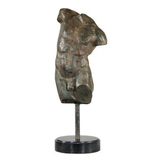 Late 20th Century Small Male Torso Bronze Sculpture on Circular Marble Base For Sale