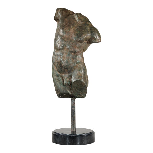Late 20th Century Small Male Torso Bronze Sculpture on Circular Marble Base For Sale