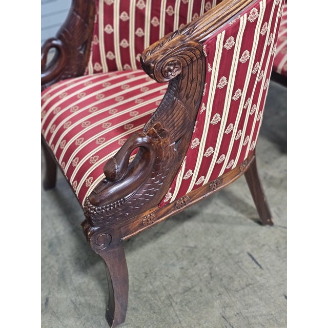 Early 20th Century Pair of English Regency Mahogany Bergeres With Swan Head Carving Red Silk Fabric For Sale - Image 11 of 12